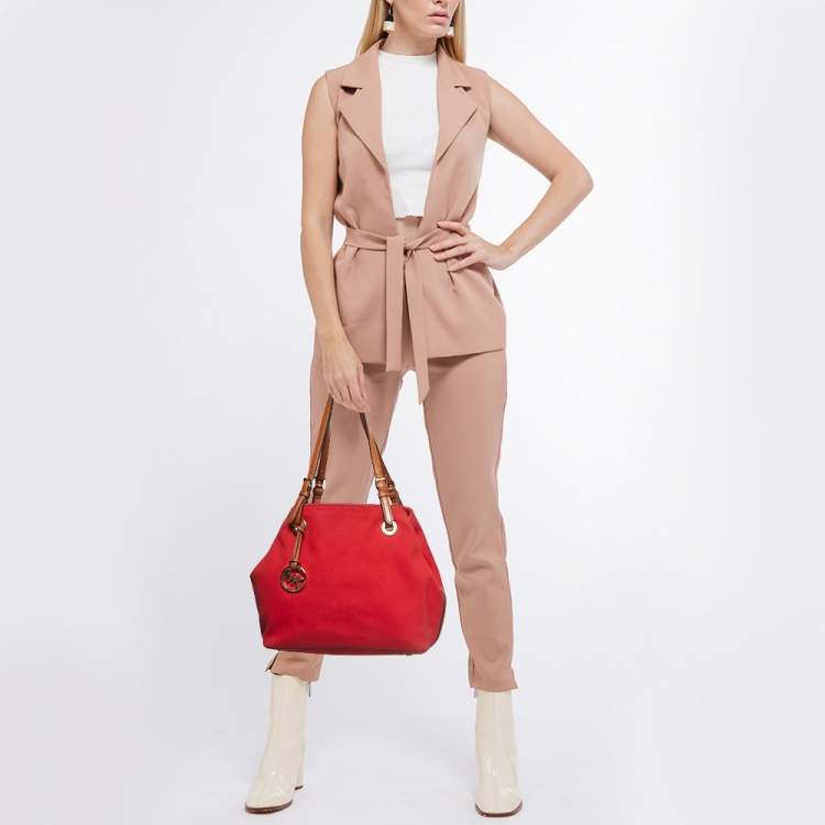 Pre Owned Michael Kors Red/Brown Canvas and Leather Large Raven Shoulder Bag