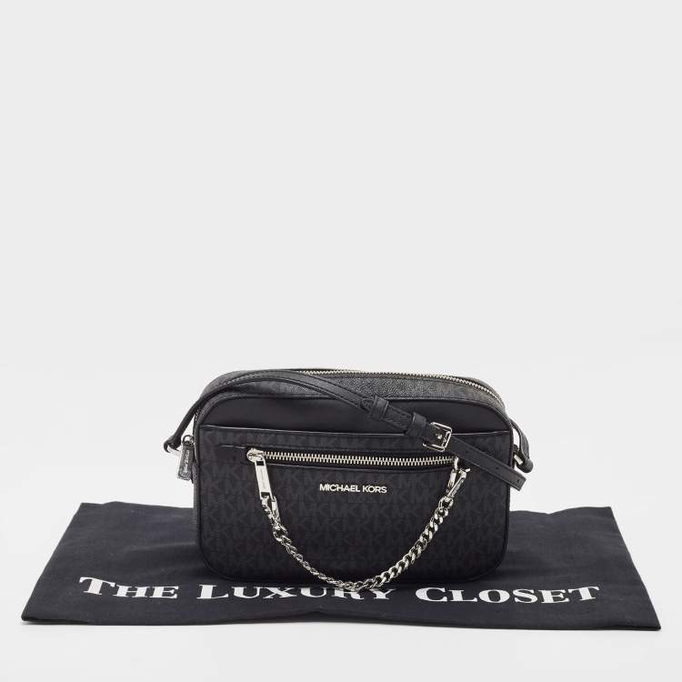 Pre Owned Michael Kors Black/Grey Signature Coated Canvas and Leather Jet Set Camera Crossbody Bag
