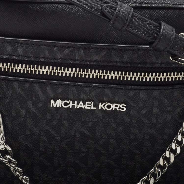 Pre Owned Michael Kors Black/Grey Signature Coated Canvas and Leather Jet Set Camera Crossbody Bag