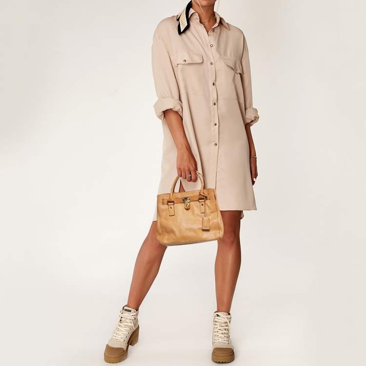 Pre Owned Michael Kors Tan Python Embossed Leather Hamilton North South Tote