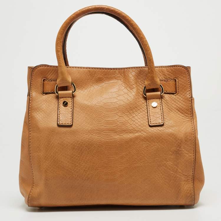 Pre Owned Michael Kors Tan Python Embossed Leather Hamilton North South Tote