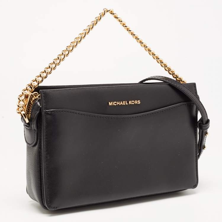 Pre Owned Michael Kors Black Leather Jet Set Zip Chain Crossbody Bag