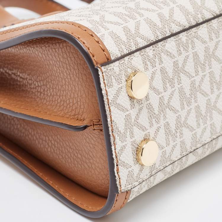 Pre Owned Michael Kors Brown/White Signature Coated Canvas and Leather Extra Small Chantal Tote  