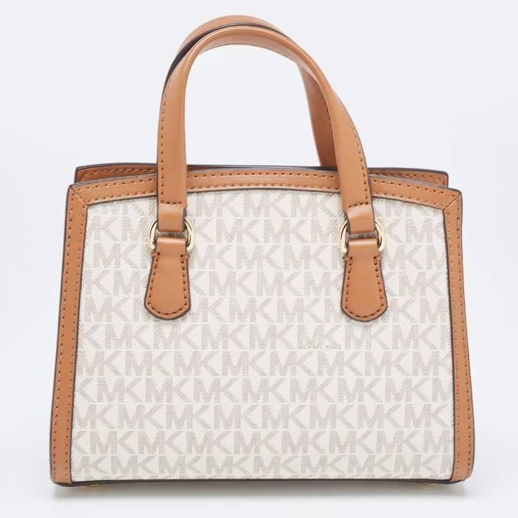 Pre Owned Michael Kors Brown/White Signature Coated Canvas and Leather Extra Small Chantal Tote  