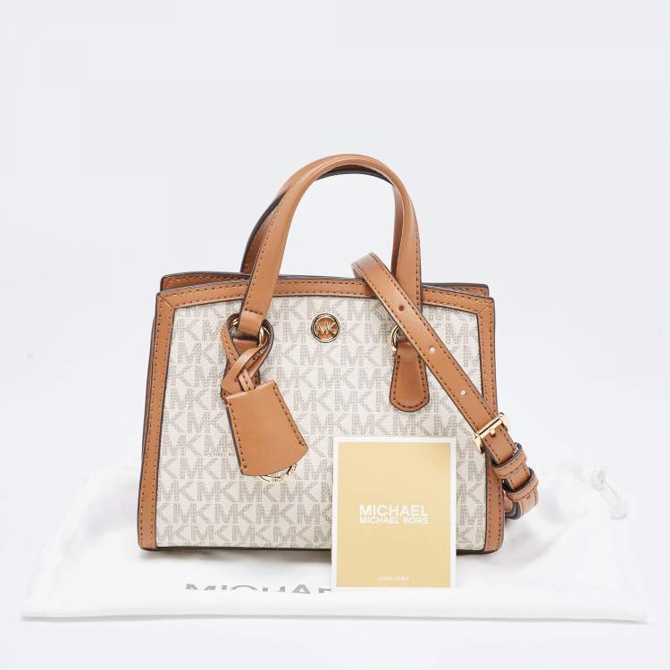 Pre Owned Michael Kors Brown/White Signature Coated Canvas and Leather Extra Small Chantal Tote  