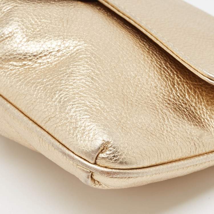 Pre Owned Michael Kors Gold Leather Skorpios Foldover Clutch