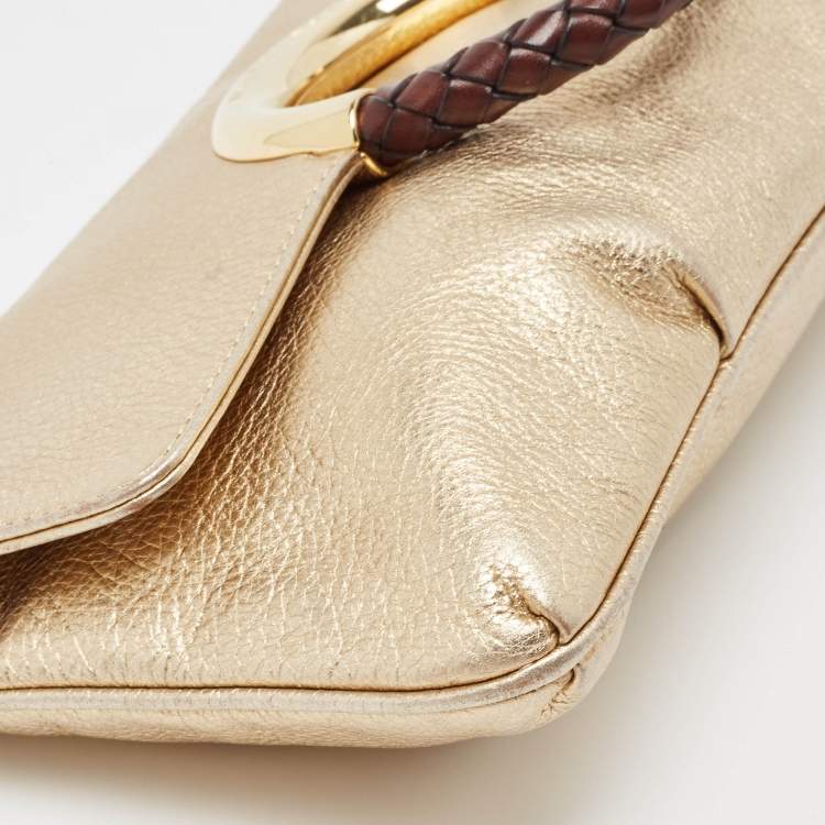 Pre Owned Michael Kors Gold Leather Skorpios Foldover Clutch