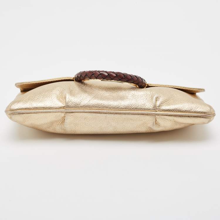 Pre Owned Michael Kors Gold Leather Skorpios Foldover Clutch