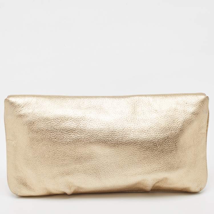 Pre Owned Michael Kors Gold Leather Skorpios Foldover Clutch