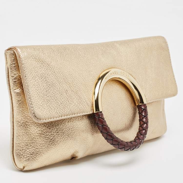 Pre Owned Michael Kors Gold Leather Skorpios Foldover Clutch