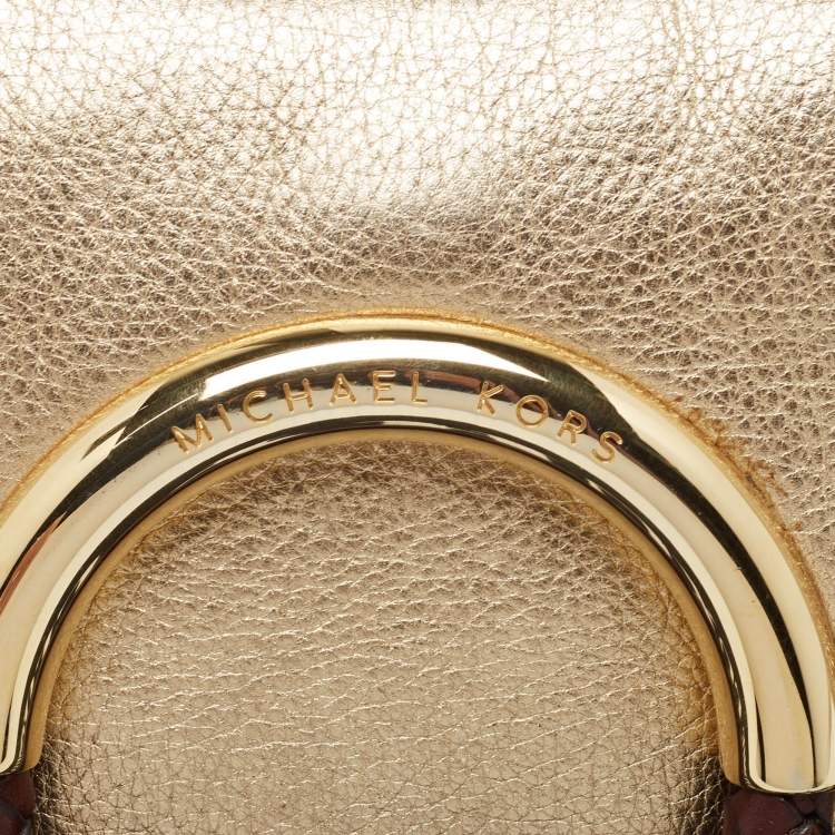 Pre Owned Michael Kors Gold Leather Skorpios Foldover Clutch
