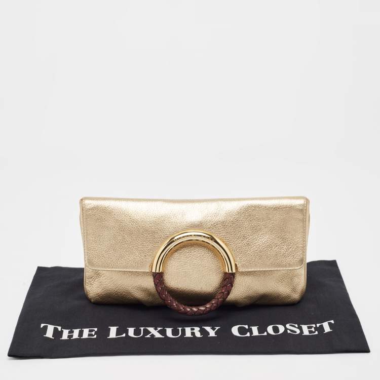 Pre Owned Michael Kors Gold Leather Skorpios Foldover Clutch