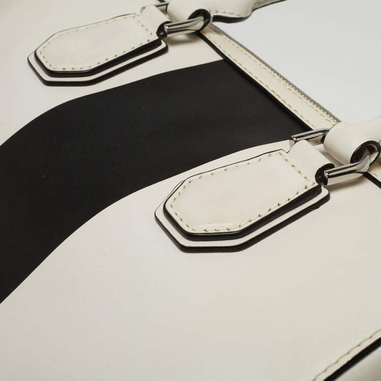 Pre Owned Michael Kors White/Black Leather Medium Center Stripe Mercer Duffle Bag