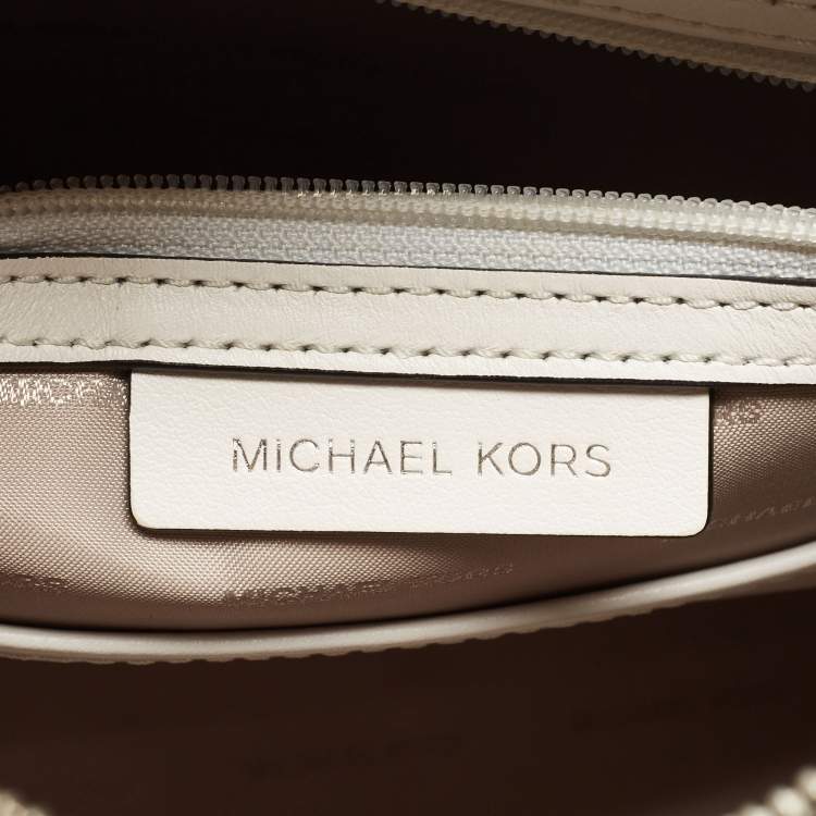 Pre Owned Michael Kors White/Black Leather Medium Center Stripe Mercer Duffle Bag
