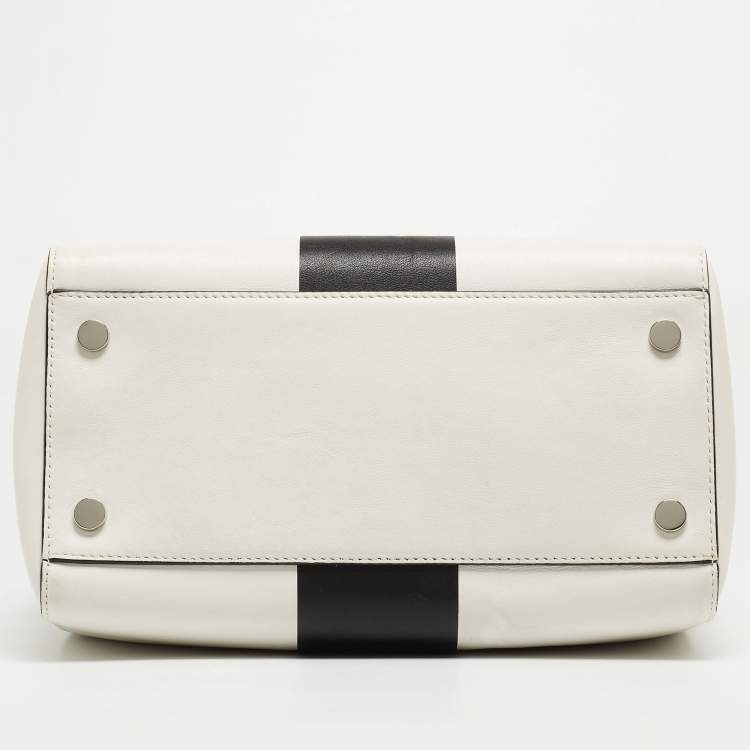 Pre Owned Michael Kors White/Black Leather Medium Center Stripe Mercer Duffle Bag