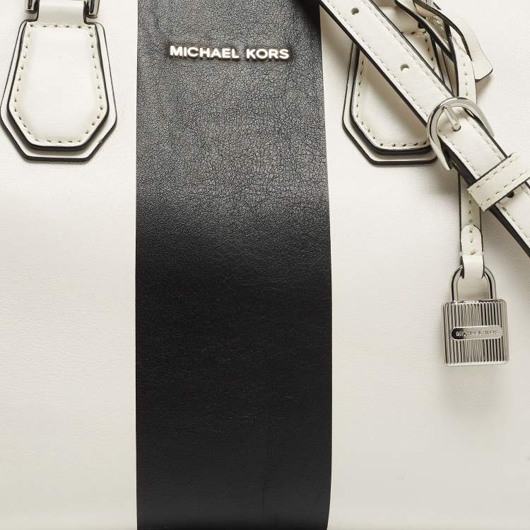 Pre Owned Michael Kors White/Black Leather Medium Center Stripe Mercer Duffle Bag