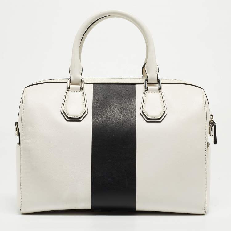 Pre Owned Michael Kors White/Black Leather Medium Center Stripe Mercer Duffle Bag