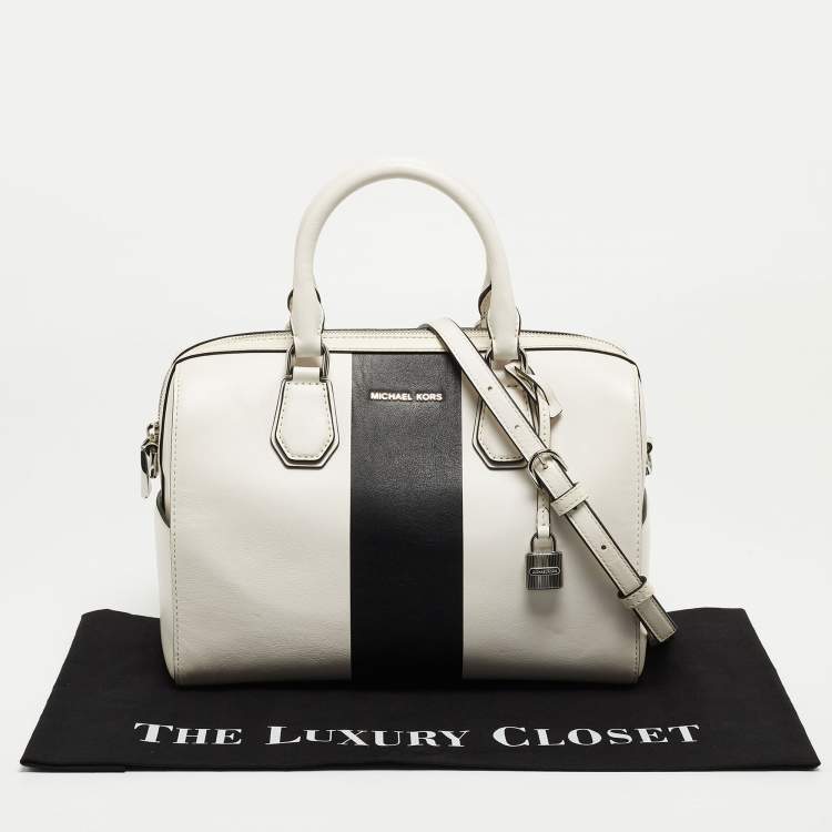 Pre Owned Michael Kors White/Black Leather Medium Center Stripe Mercer Duffle Bag