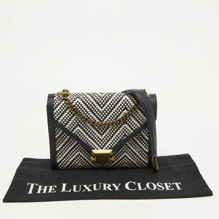 Pre Owned Michael Kors Navy Blue/White Woven Leather Whitney Shoulder Bag