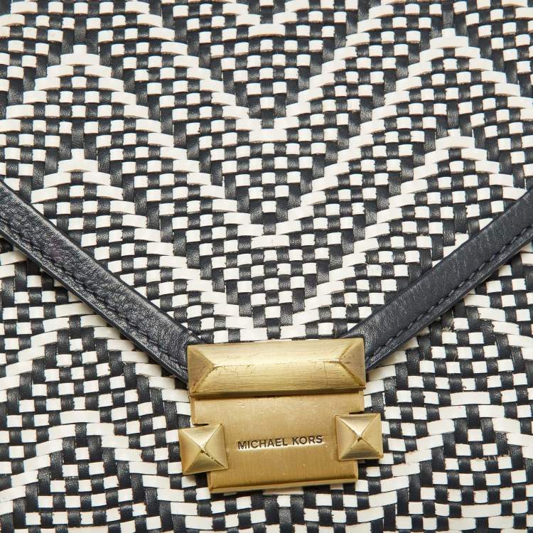 Pre Owned Michael Kors Navy Blue/White Woven Leather Whitney Shoulder Bag