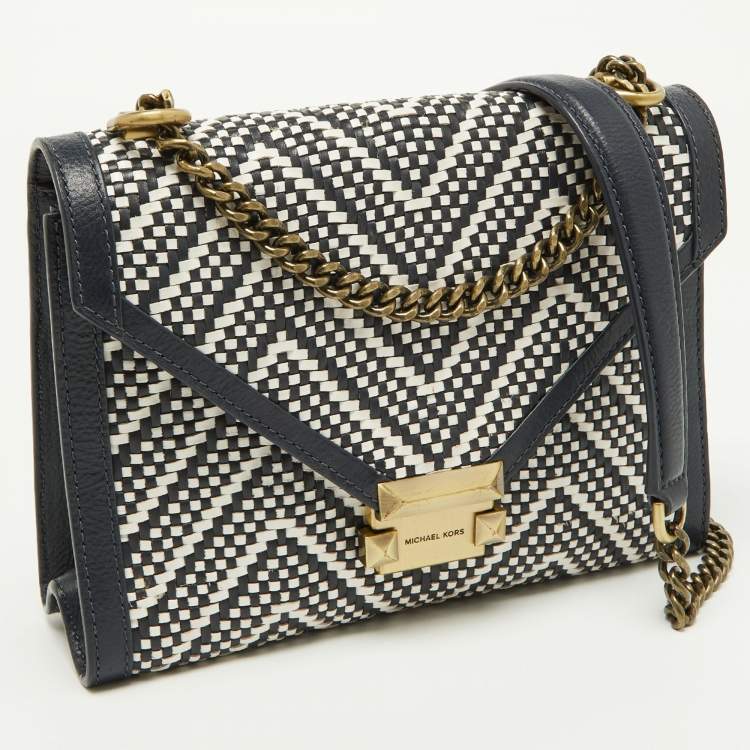 Pre Owned Michael Kors Navy Blue/White Woven Leather Whitney Shoulder Bag