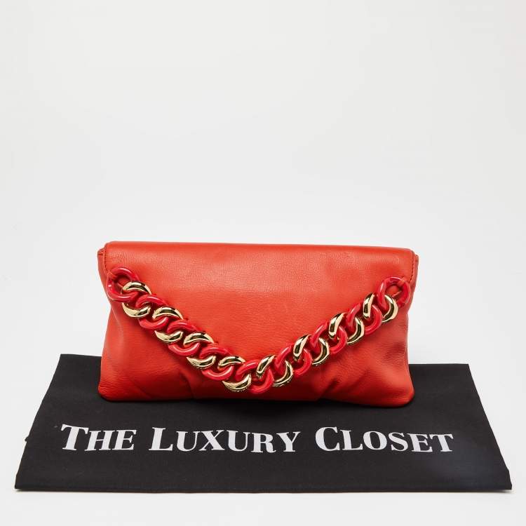 Pre Owned Michael Kors Orange Leather Chain Link Envelope Clutch