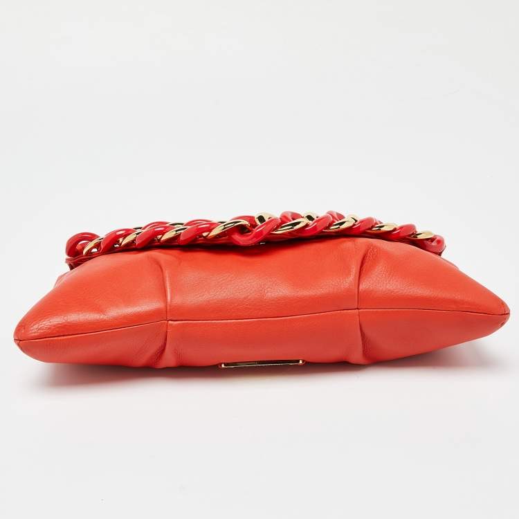 Pre Owned Michael Kors Orange Leather Chain Link Envelope Clutch