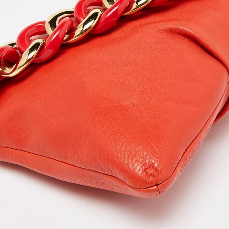 Pre Owned Michael Kors Orange Leather Chain Link Envelope Clutch