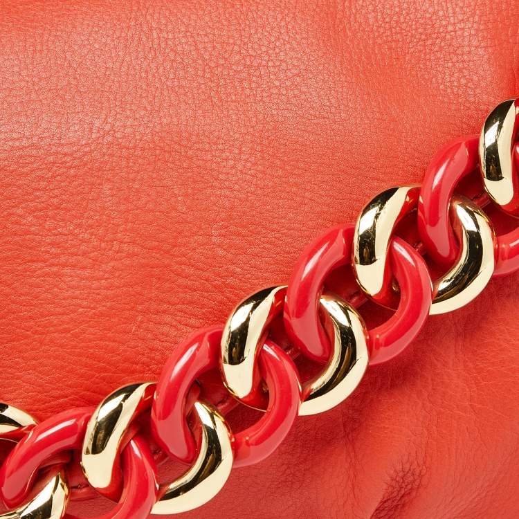 Pre Owned Michael Kors Orange Leather Chain Link Envelope Clutch