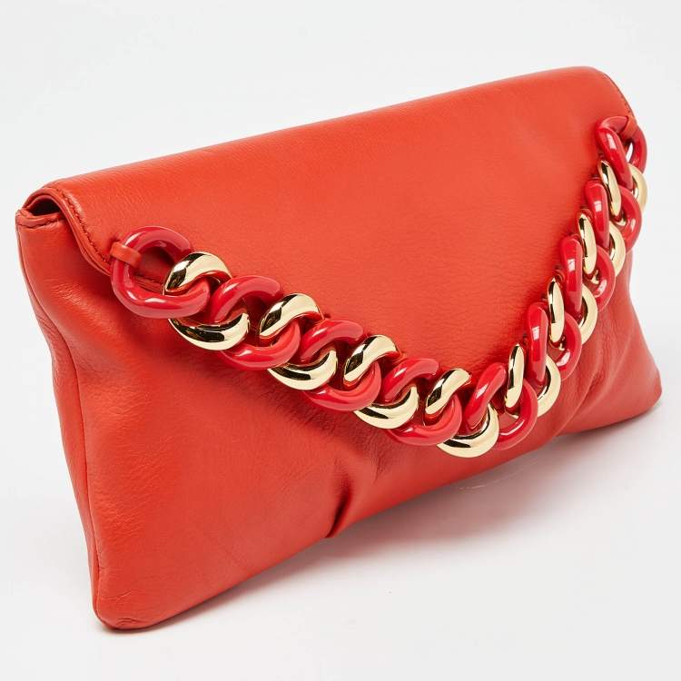 Pre Owned Michael Kors Orange Leather Chain Link Envelope Clutch