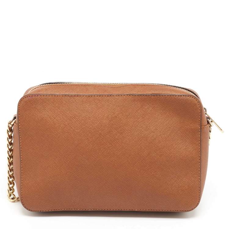 Pre Owned Michael Kors Brown Saffiano Leather Jet Set Camera Crossbody Bag