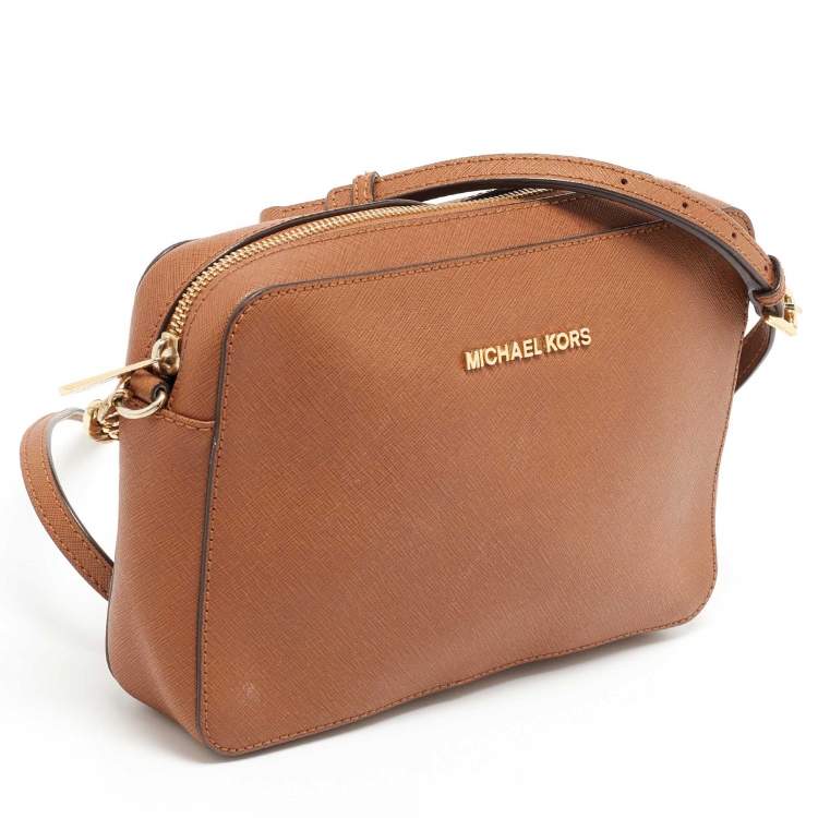 Pre Owned Michael Kors Brown Saffiano Leather Jet Set Camera Crossbody Bag