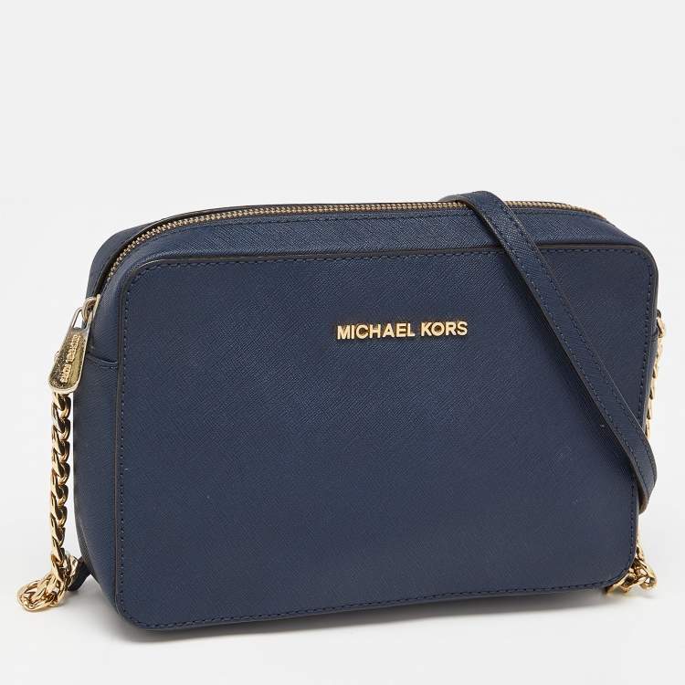 Pre Owned Michael Kors Blue Saffiano Leather Jet Set Camera Crossbody Bag 