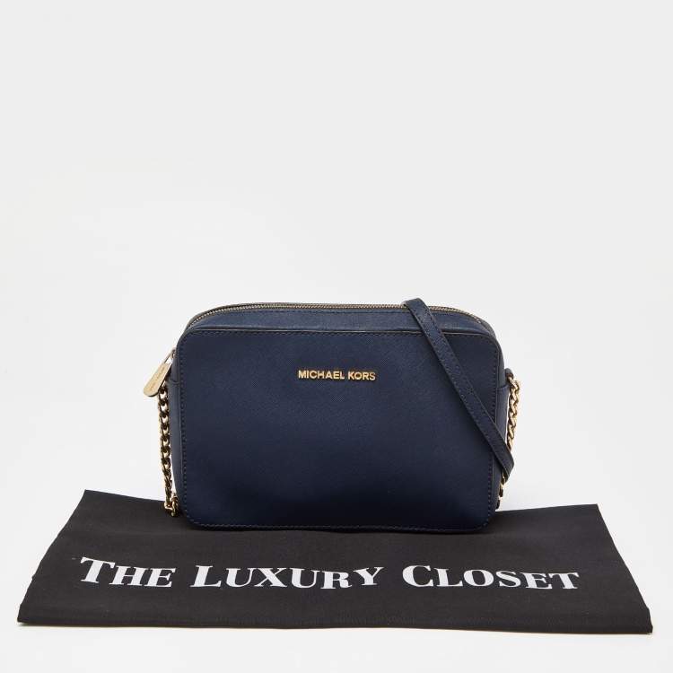 Pre Owned Michael Kors Blue Saffiano Leather Jet Set Camera Crossbody Bag 