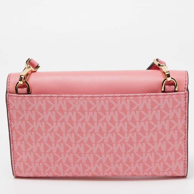 Pre Owned Michael Kors Pink Signature Coated Canvas and Leather Envelope Flap Clutch Bag