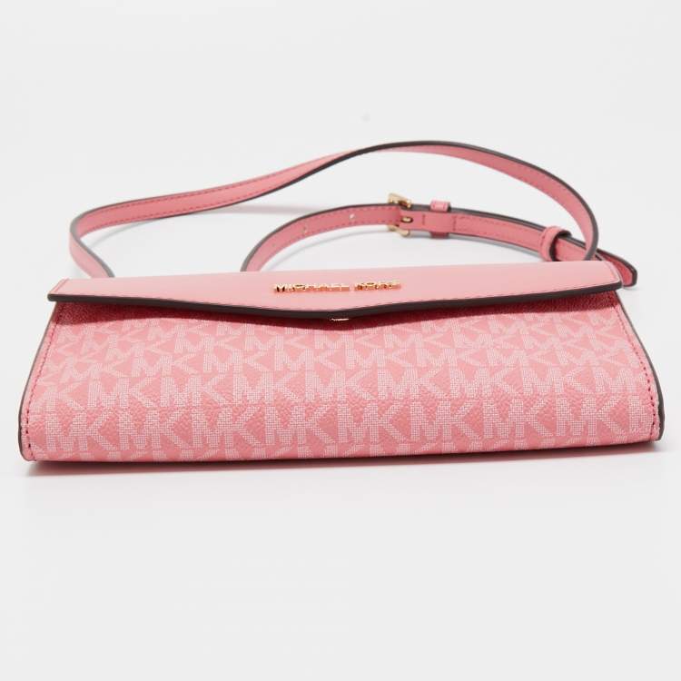 Pre Owned Michael Kors Pink Signature Coated Canvas and Leather Envelope Flap Clutch Bag
