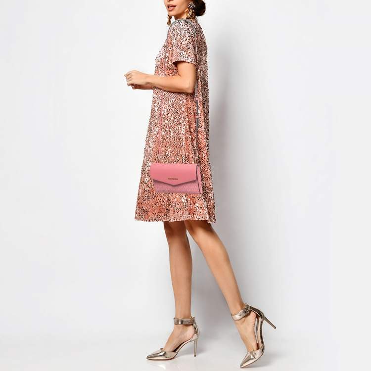 Pre Owned Michael Kors Pink Signature Coated Canvas and Leather Envelope Flap Clutch Bag