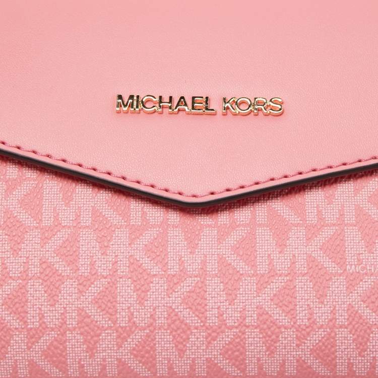 Pre Owned Michael Kors Pink Signature Coated Canvas and Leather Envelope Flap Clutch Bag