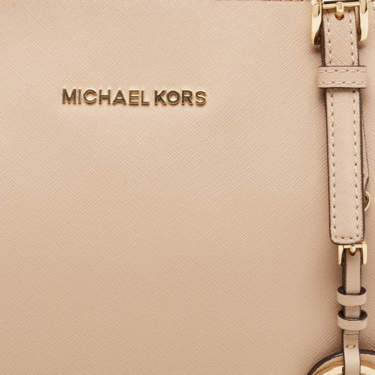 Pre Owned Michael Kors Beige Leather Medium Jet Set Top Zip Tote