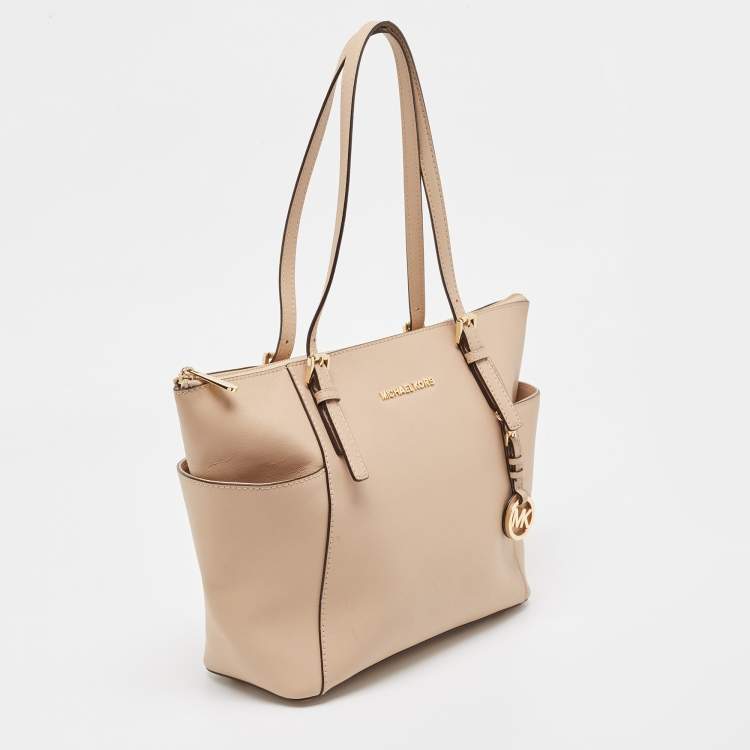 Pre Owned Michael Kors Beige Leather Medium Jet Set Top Zip Tote