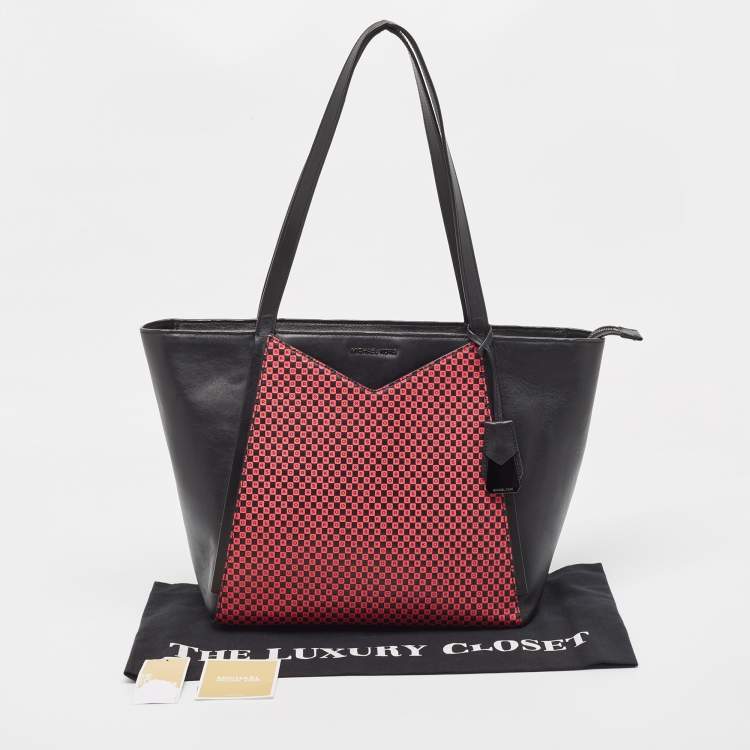 Pre Owned Michael Kors Black Pink Checkboard Logo Leather Large Whitney Tote