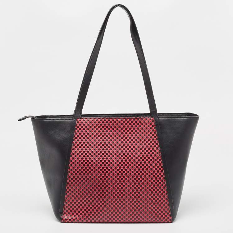 Pre Owned Michael Kors Black Pink Checkboard Logo Leather Large Whitney Tote