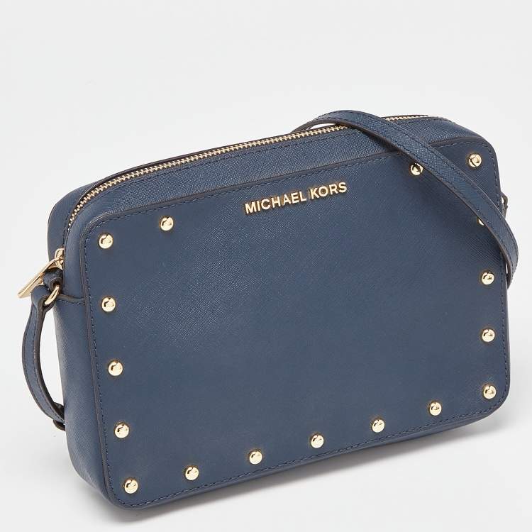Pre Owned Michael Kors Blue Leather Sandrine Stud Crossbody Bag