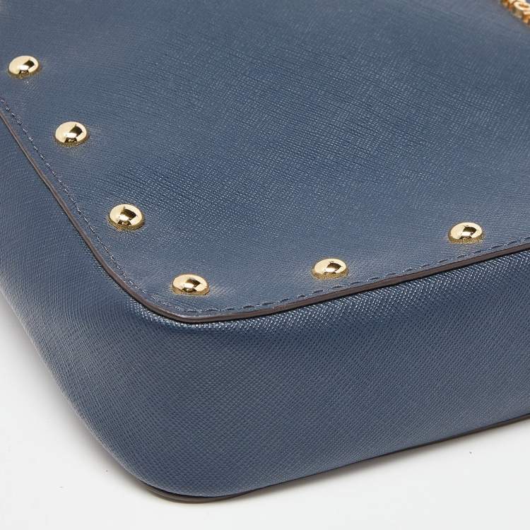 Pre Owned Michael Kors Blue Leather Sandrine Stud Crossbody Bag