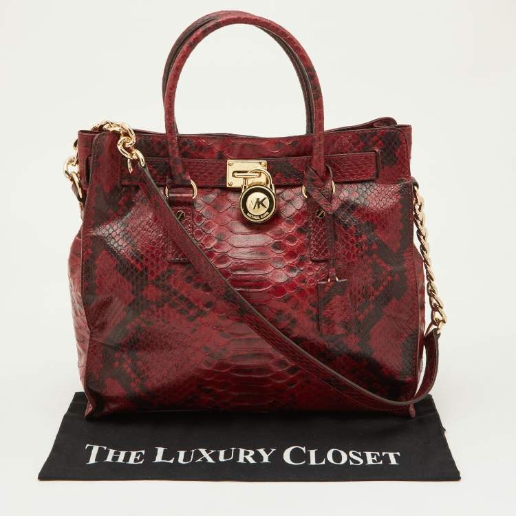 Pre Owned Michael Kors Red/Black Python Embossed Leather Large Hamilton North South Tote