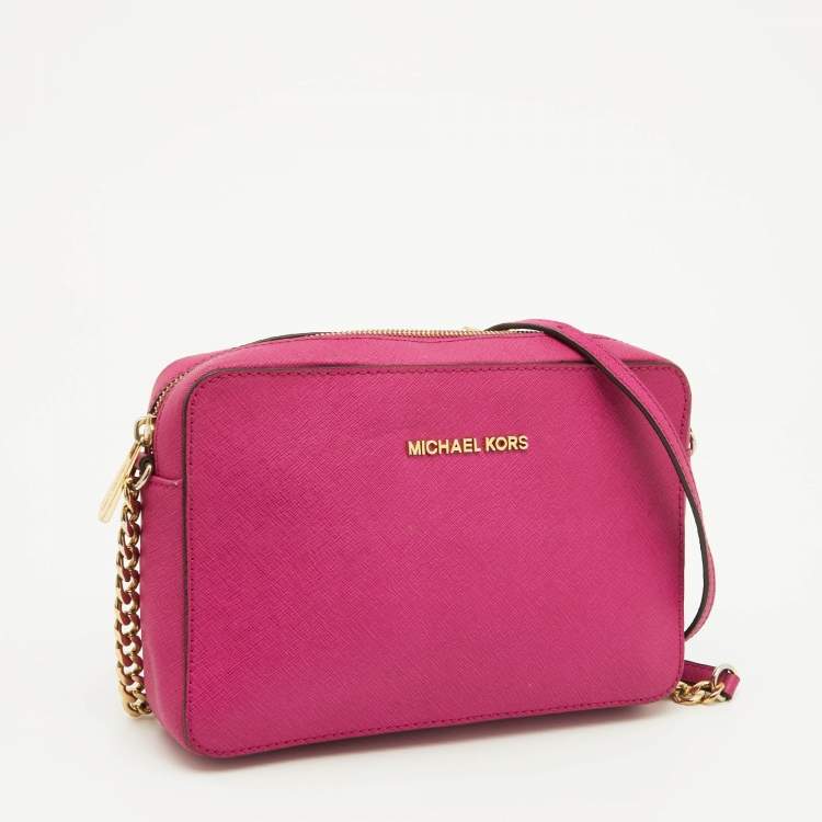 Pre Owned Michael Kors Pink Leather Jet Set Crossbody Bag