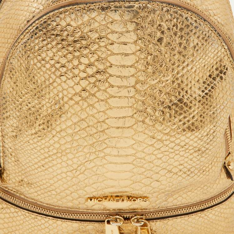 Pre Owned Michael Kors Metallic Gold Python Embossed Leather Small Rhea Backpack