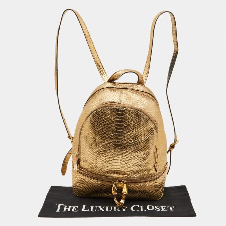 Pre Owned Michael Kors Metallic Gold Python Embossed Leather Small Rhea Backpack