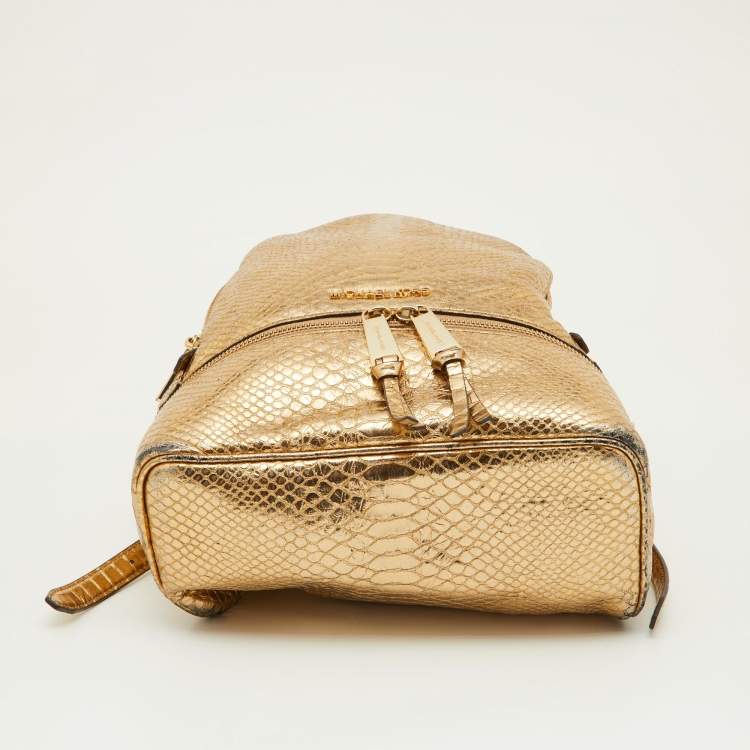 Pre Owned Michael Kors Metallic Gold Python Embossed Leather Small Rhea Backpack