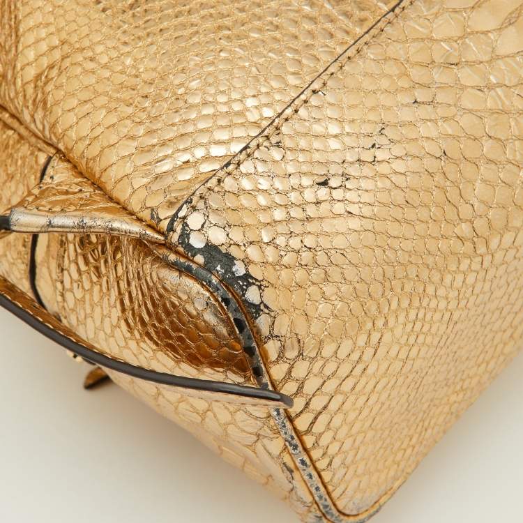 Pre Owned Michael Kors Metallic Gold Python Embossed Leather Small Rhea Backpack
